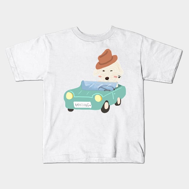 Maltipoo Dog Driving Retro Car Illustration Kids T-Shirt by PatternbyNOK